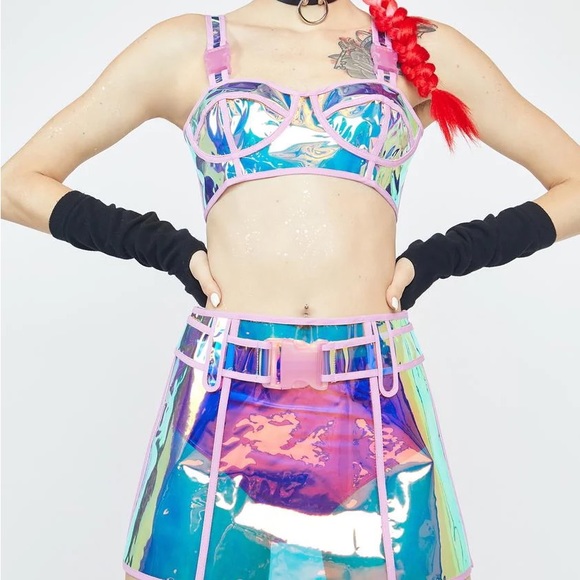 Dolls Kill Holographic Sheer Bra Top and Skirt Set (USED) - Picture 8 of 10
